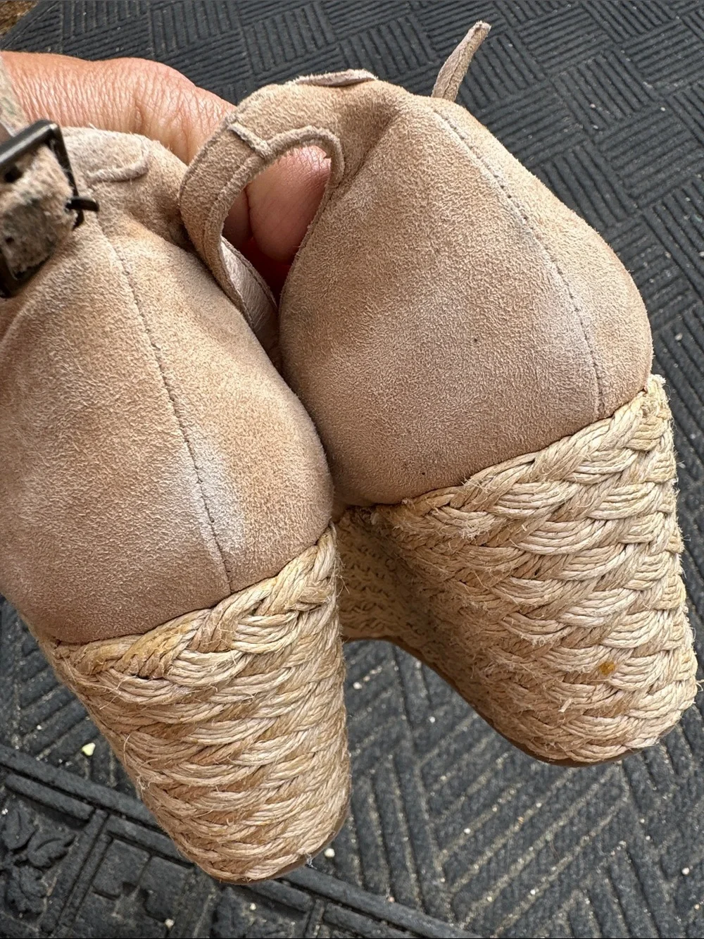 MIA Tan Suede Espadrille Wedge Peep-Toe Sandals with Ankle Strap